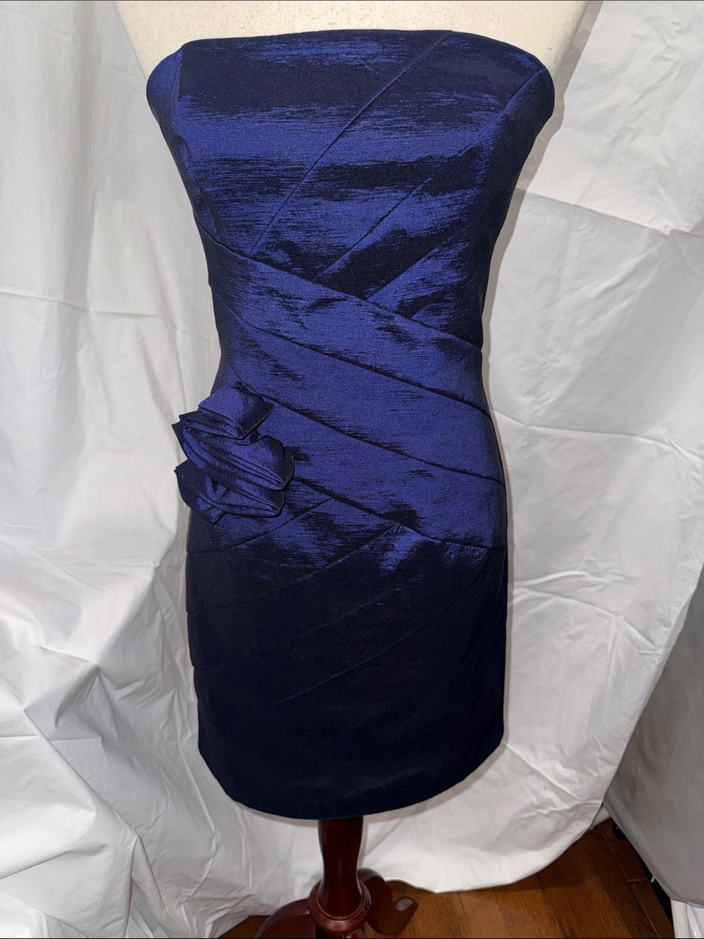 Jessica McClintock Strapless Navy Cocktail Dress with Side Rosette Detail